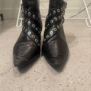 Black Pointed Leather Ankle Boots with Grommet Strap Detail